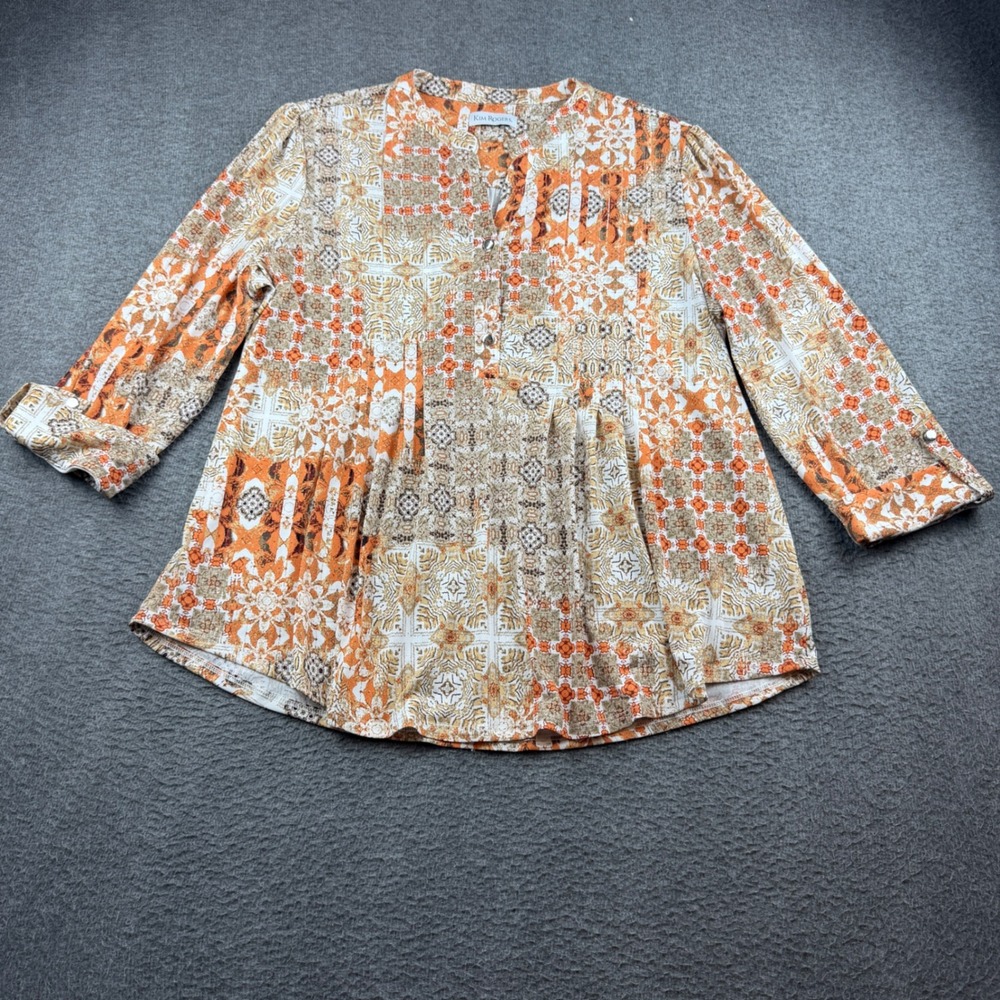 Kim Rogers Blouse Women's Large Orange Tan Geometric Patchwork Roll Tab Sleeve